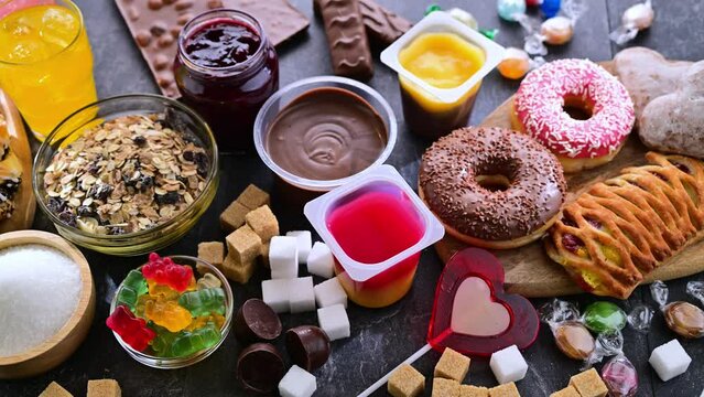 Food products containing a significant amount of sugar. Junk food.