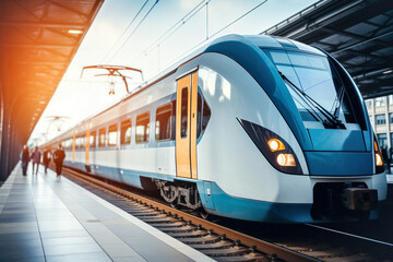 Electric Train in a Modern Station. Background with selective focus and copy space