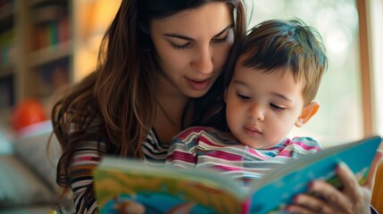 Obraz premium A loving mother reads a book to her young child, sharing an affectionate moment together