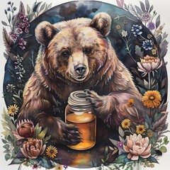 Fototapeta premium Brown bear in various settings including a park with flowers and a forest with detailed close-ups highlighting its fur and natural habitat