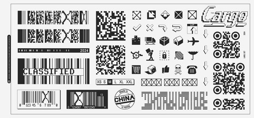 Label asset vector. decorative symbol and barcode set for label design