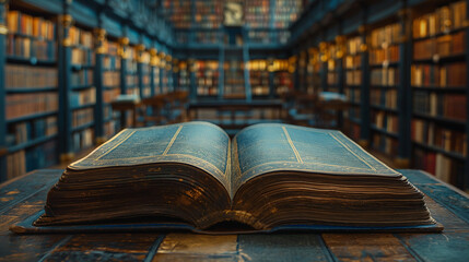 Close up of an open book on a table in a library with a blurred background