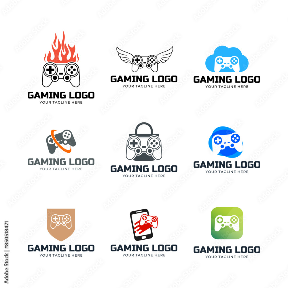 Poster set of game console and video games stick logo design template