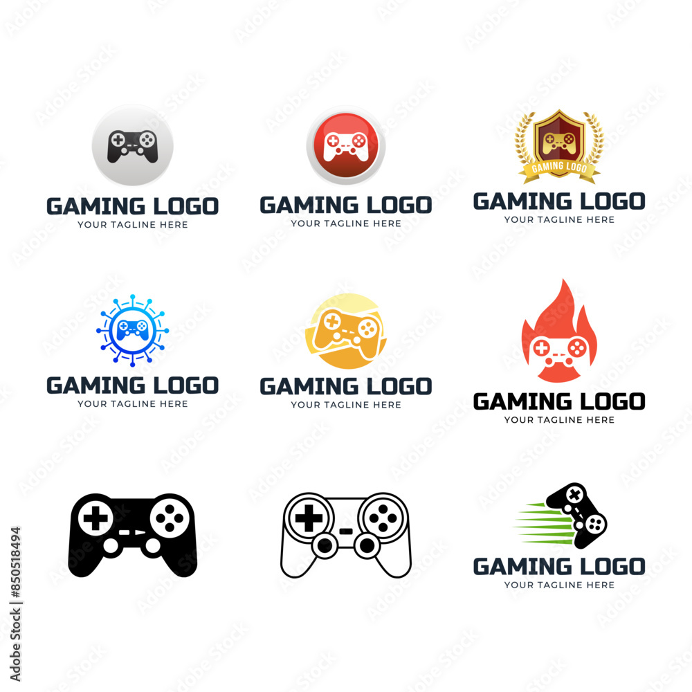 Poster set of game console and video games stick logo design template