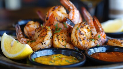 A seafood restaurant showcasing a platter of grilled shrimp with dipping sauces and lemon wedges