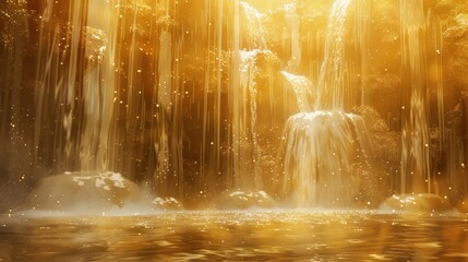 Dreamscape with golden waterfalls flowing into an ethereal glowing pool backdrop