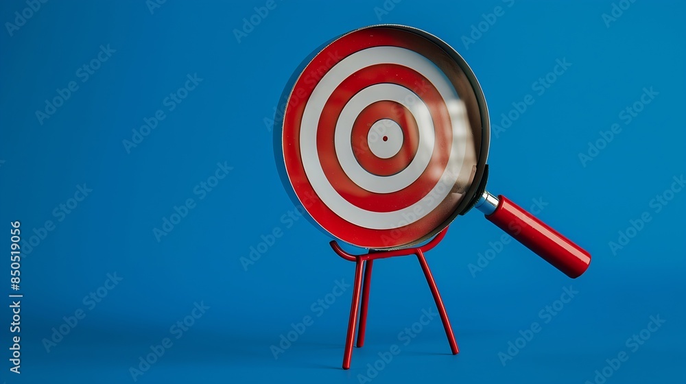 Poster target board inside of magnifier glass for focus business objective achievement concept on blue back