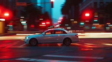 A sedan car driving through a city intersection with blurred traffic lights in the background