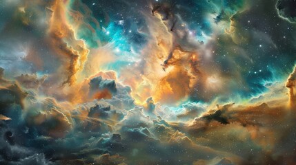 Mesmerizing celestial canvas with swirling galaxies and stardust clouds backdrop