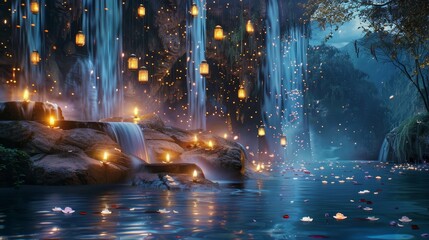 Diwali lanterns illuminate waterfalls of liquid gold and fragrant petals backdrop