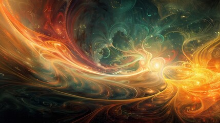 Fototapeta premium Light and energy ribbons swirl celestial bodies glow on a surreal landscape backdrop