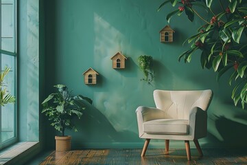 The interior has a armchair on empty green wall background and four cabin on wall for decor