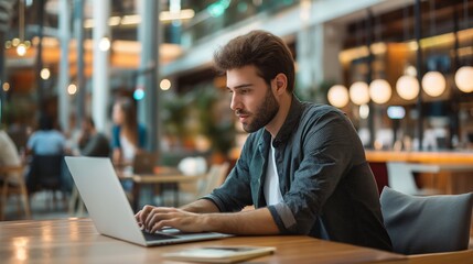 Fototapeta premium A young man casually works on his laptop at a modern cafe, focused and productive in an urban setting.