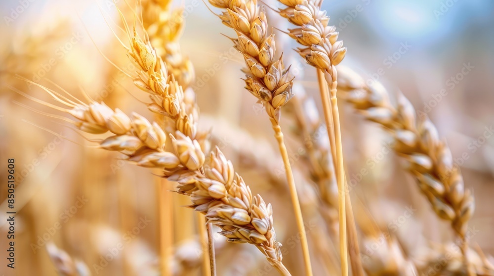 Wall mural wheat ears in close up view in a summer wheat field during harvest season