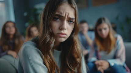 Fototapeta premium Upset young woman at group therapy session v
