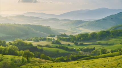 Fototapeta premium panorama of beautiful countryside of romania sunny afternoon wonderful springtime landscape in mountains grassy field and rolling hills rural scenery : Generative AI