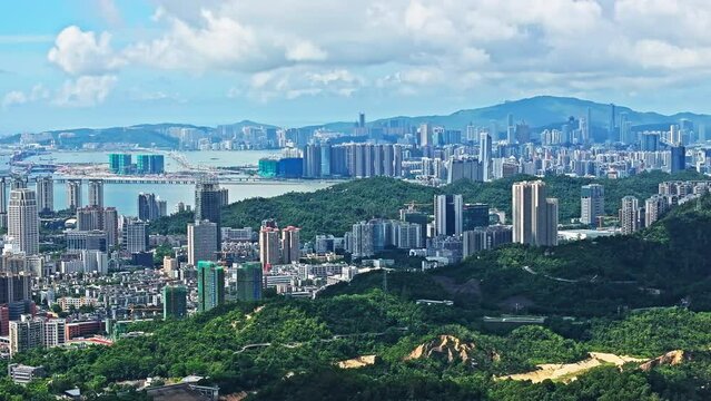 Aerial view of Zhuhai and Macau city skyline with modern buildings scenery. Famous travel destination.