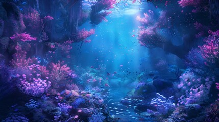 Surreal underwater scene with bioluminescent marine life and tranquil glow backdrop