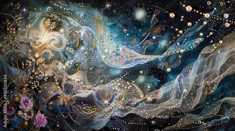 Wall mural stardust threads and twinkling constellations create a celestial tapestry backdrop