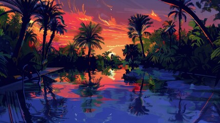 Palm trees and sunset reflected in a peaceful pool surrounded by greenery backdrop