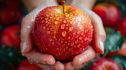 A close-up shot of a hand cradling a glistening, red apple, its surface covered in dew drops. The image captures the beauty and freshness of the fruit