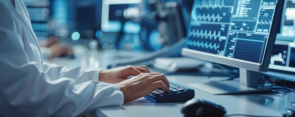 A professional working on a computer, analyzing complex data and system interfaces in a modern high-tech environment.