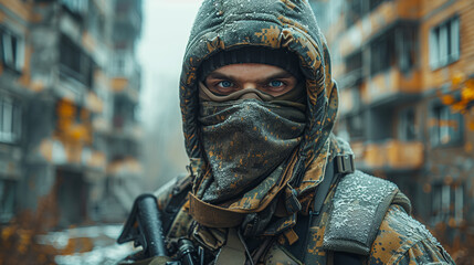 A terorisst in camouflage gear, face partially obscured by a balaclava, stares intensely from a snowy street in an urban setting. The background blurs, hinting at the surrounding destruction