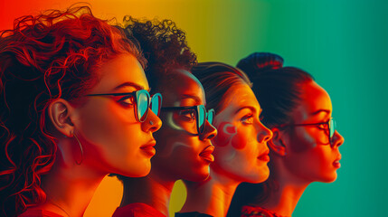 Four women stand side-by-side, their profiles illuminated by a vibrant gradient of colors. Each woman wears glasses and gazes confidently forward, radiating strength and unity
