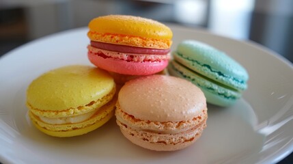 Fototapeta premium Colorful macarons arranged on a white plate - A vibrant selection of different flavored macarons presented on a white plate with a blurred background