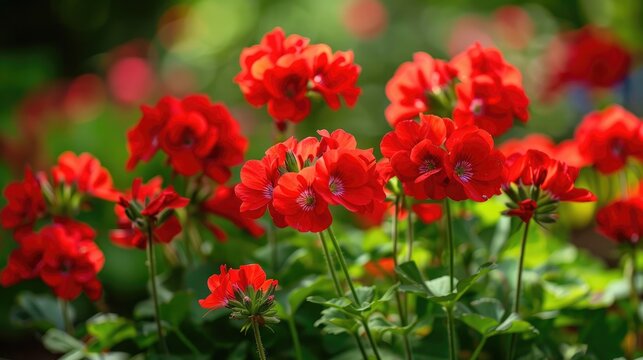 Red geraniums blooming in a garden during the summer