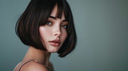 Fototapeta premium A young woman with a stylish bob haircut posing confidently against a neutral background