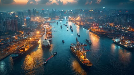Naklejka premium Cityscape with harbor at dusk