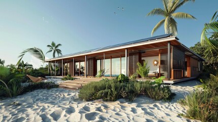 An eco-friendly beach house with solar panels and sustainable architecture, blending with the coastal environment
