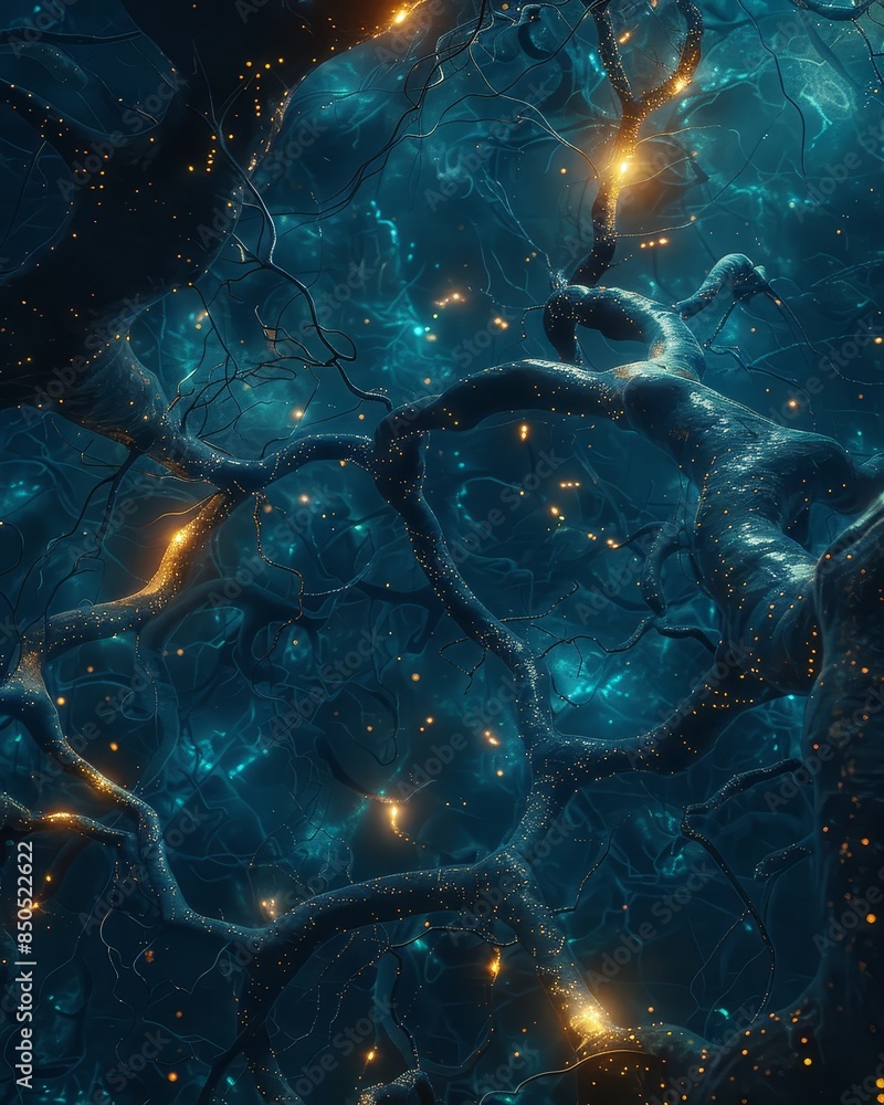 Poster neural network-inspired digital art image - an intricate digital artwork mimicking neural networks w