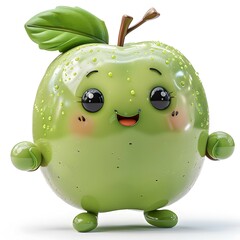 3d character of green fresh apple isolated on white background. Kawaii apple