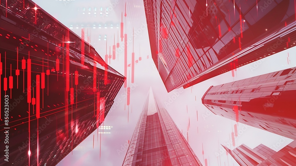 Poster investing trading and real estate market crisis concept with digital red financial chart candlestick