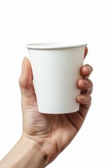 Obraz premium photo of a Closeup of hand holding white paper coffee cup isolated on white background, photo 