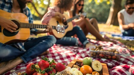 A group of friends enjoying an outdoor picnic, laughing and playing the guitar with fruits in hand, next to them is placed a plastic food tray containing snacks such as fruit
