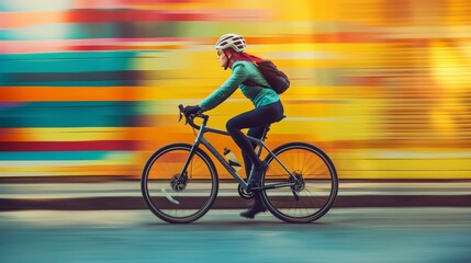 Woman rides a bicycle swiftly against a vibrant, colorful urban background, emphasizing speed and motion.