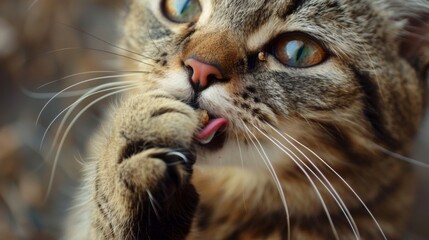 Close-up of a cat eagerly licking its paws after enjoying a meal of wet food