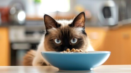 Close-up of a curious Siamese cat sniffing at a bowl of freshly served cat treats