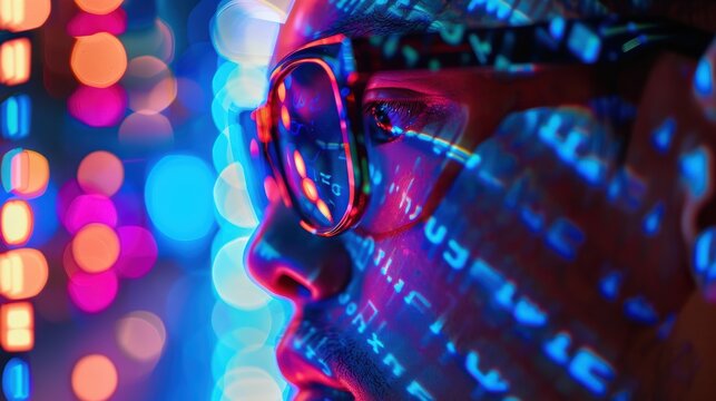 Close-up of a person with glasses looking at a screen filled with code, illuminated by colorful lights. Modern technology and coding concept.