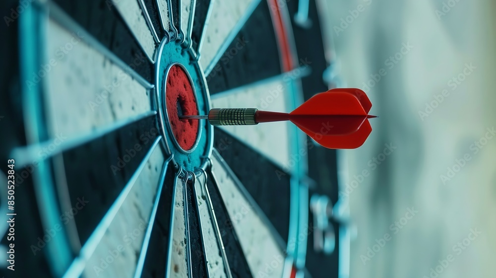 Poster bullseye target goal or dartboard has dart arrow throw hitting center shooting for financial busines