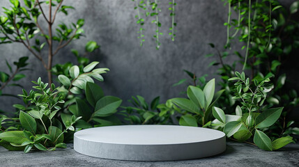 White circle on concrete background with green leaves decoration empty mockup
