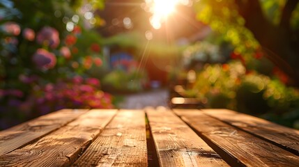 Backyard summer scene with BBQ grill, wooden table. Blurred background
