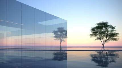 3D render of a glass building's exterior reflecting the tranquil hues of a serene landscape at dawn.