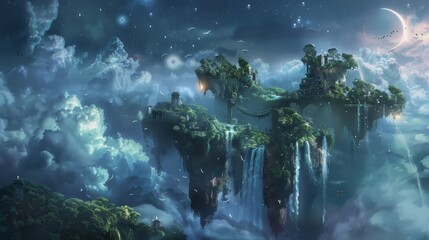 Obraz premium Floating islands and crescent moonlight with hidden Black Friday elements backdrop