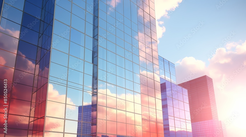 Poster 3d render of a towering glass skyscraper piercing the clouds, reflecting the vibrant colors of a mor