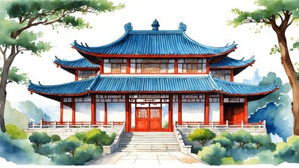 traditional house in china watercolor painting front facade exterior on plain white background art