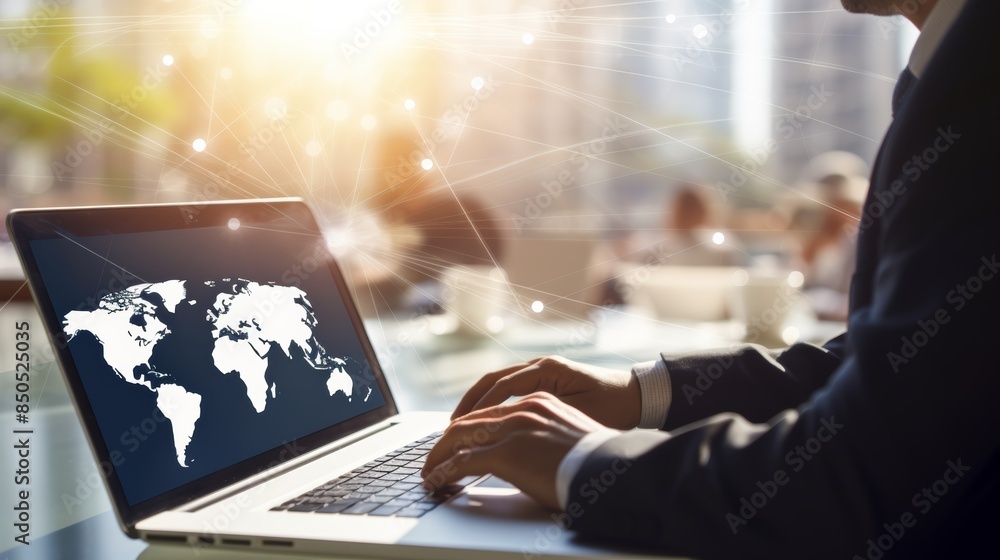 Poster businessperson using a laptop to connect with colleagues from different countries.